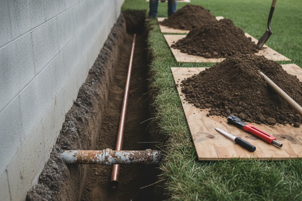Excavated water line trench during Water Softener Installation in Blackey